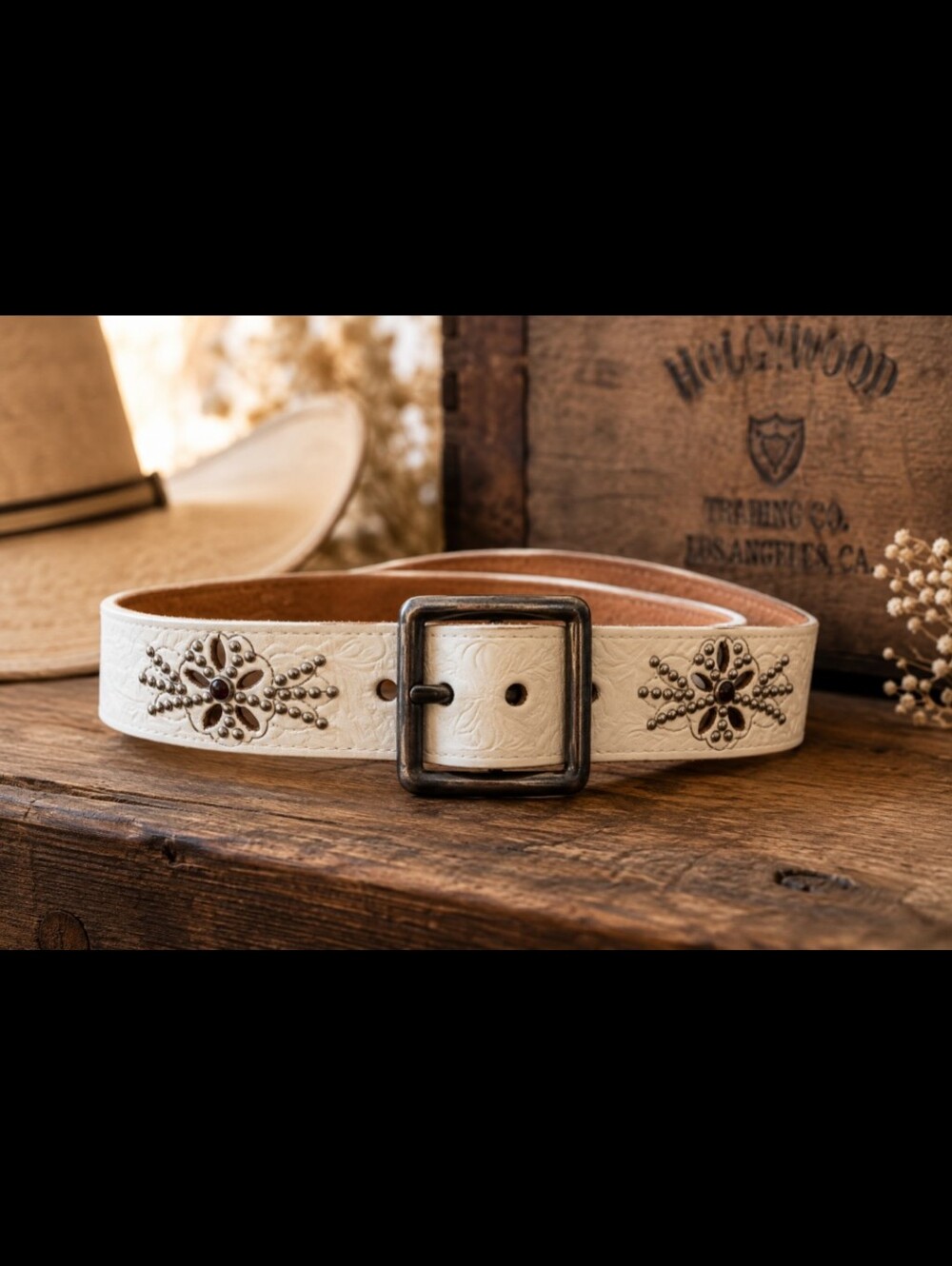 Hollywood Trading Company HTC Cream Leather Floral Studded Western Belt